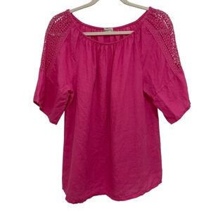Linen Peasant Top Womens L Pink Crochet Insert Sleeves Italy Terzo‎ Millennio